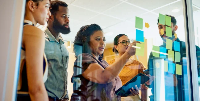 Financial services call center team organizing tasks.